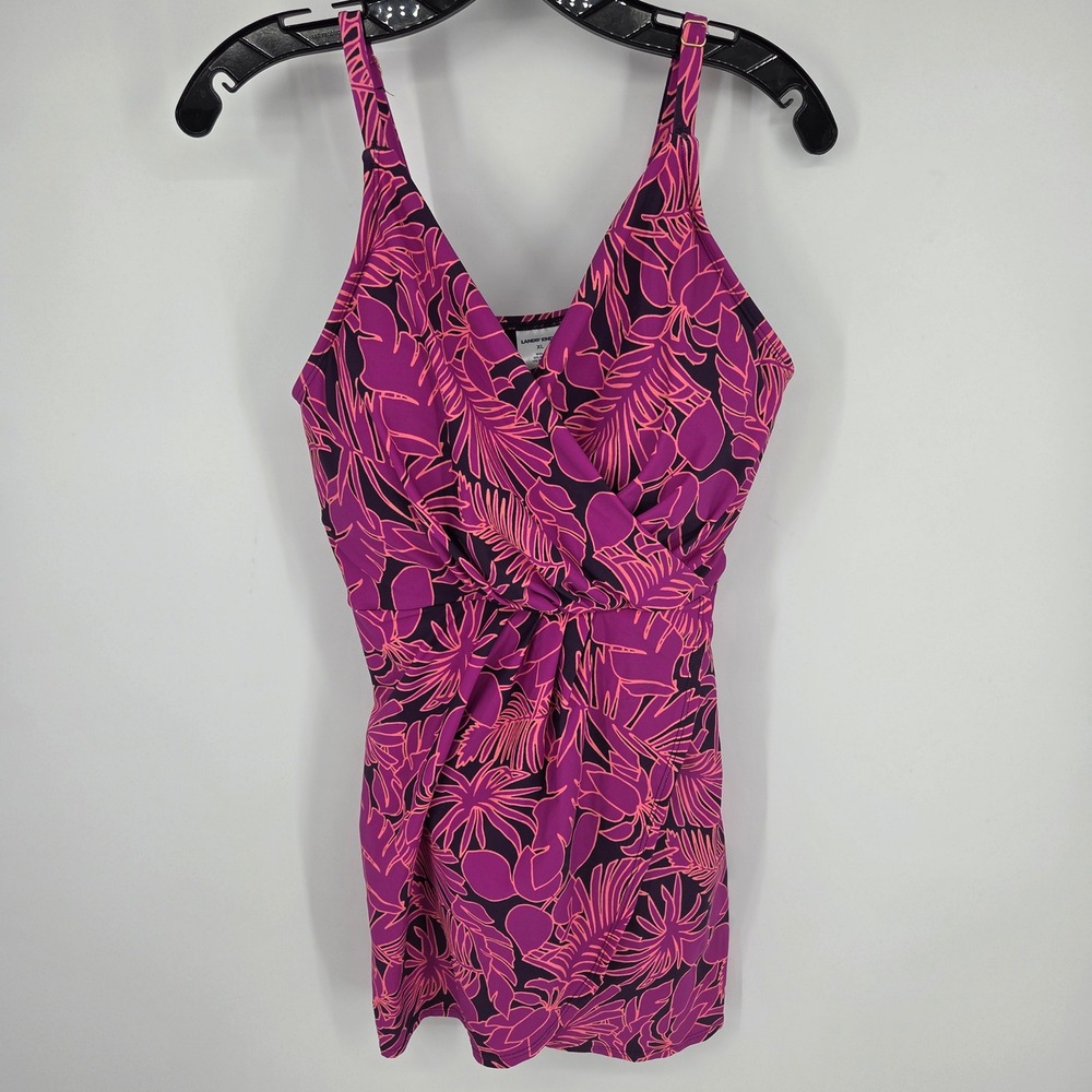Lands End Womens XL Purple Pink Tropical Leaf Wrap V-Neck Skirted Swim Dress